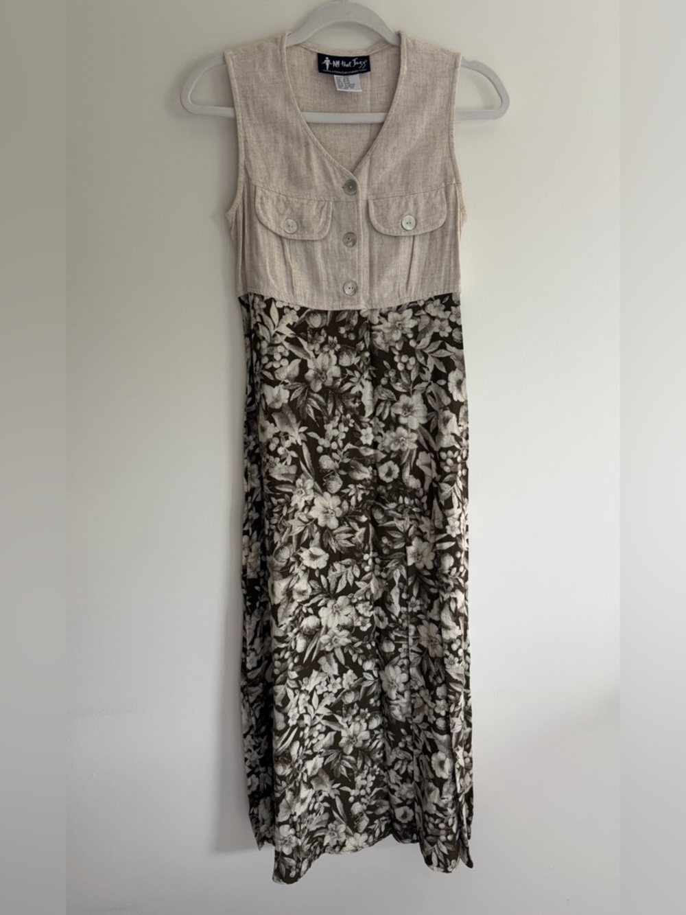 Vintage 90s All That Jazz Tan Brown Floral Button-Down Midi Dress, Women's 5/6